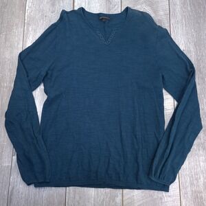 John Varvatos Sweater Mens XL Teal Blue Cotton Linen Grommet Split Neck Knit